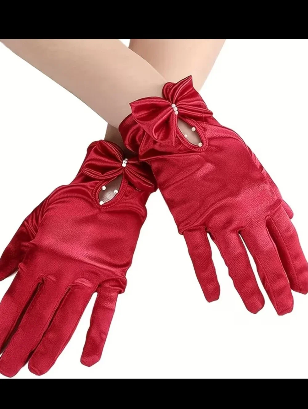 Elegant Red Satin Short Wrist Length Evening Gloves W/Bow & Faux Pearl Detail